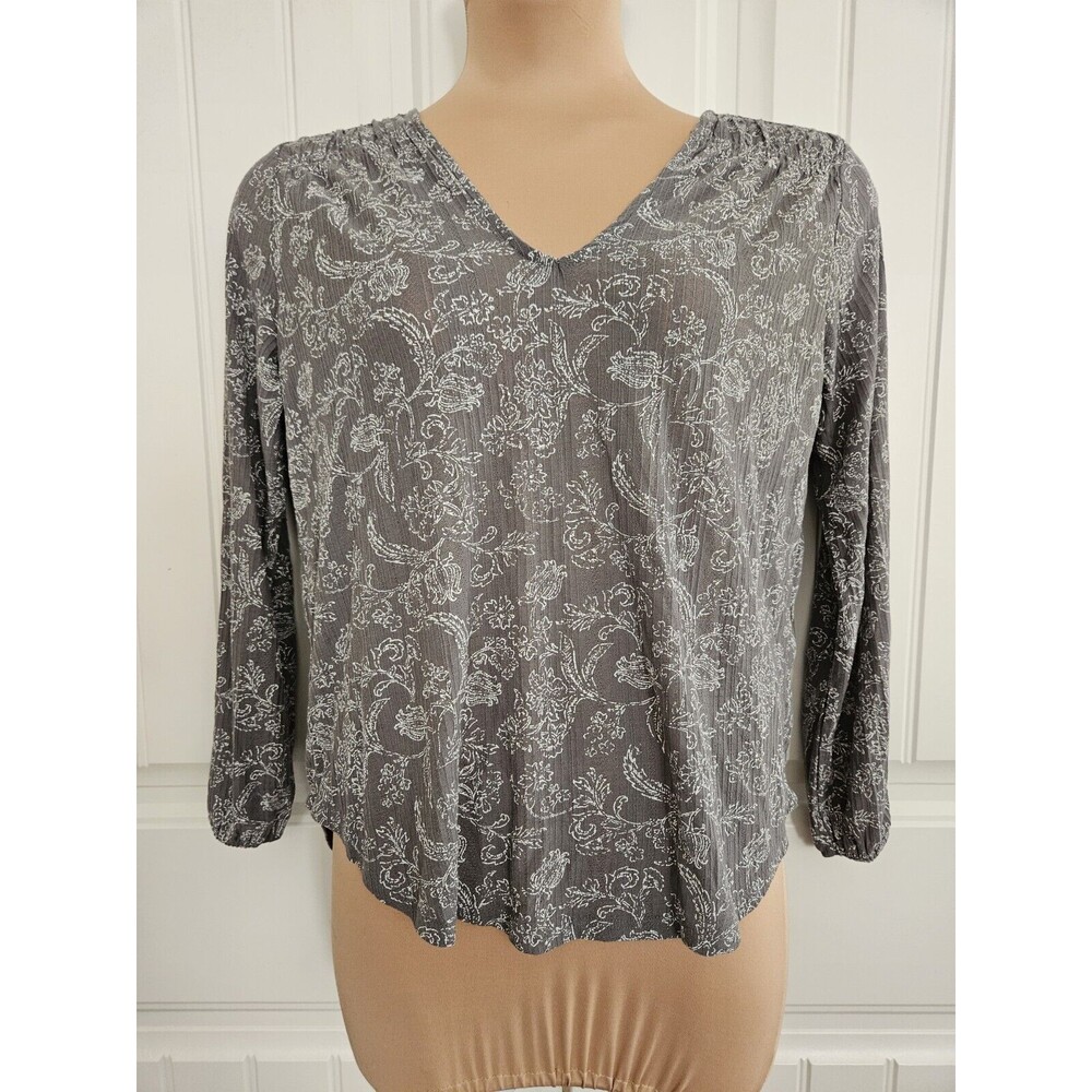 Lucky Brand Long Sleeve V Neck Top Gray Boho Peasant Nwt M
